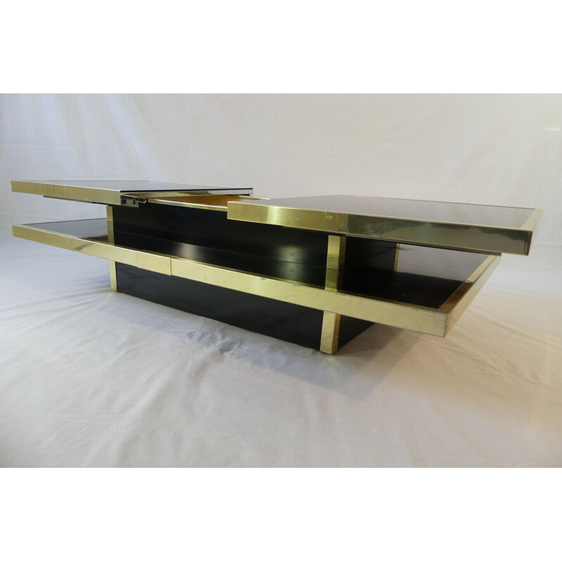 Mesa de centro vintage de opalina negra y aluminio dorado, Italia 1970