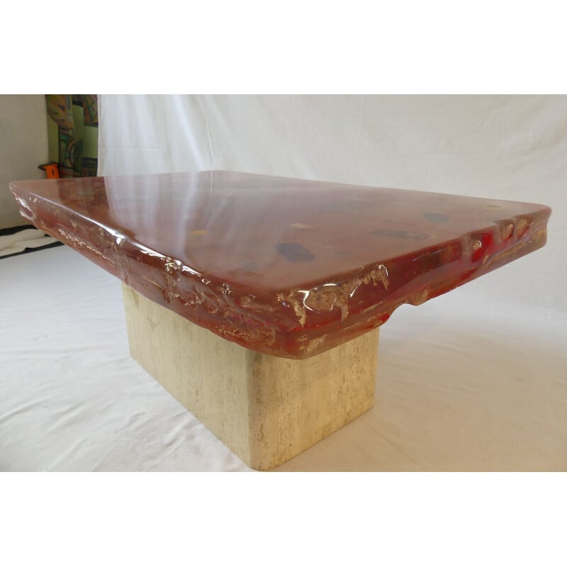 Red vintage coffee table with travertine foot