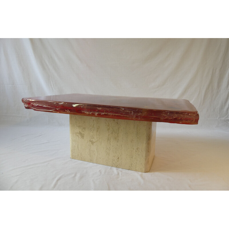 Red vintage coffee table with travertine foot