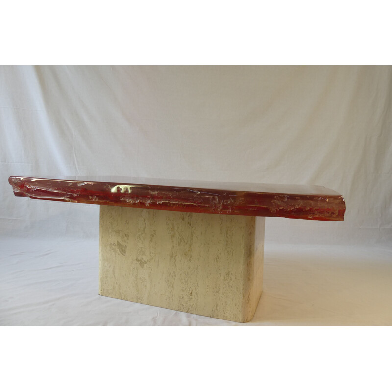 Red vintage coffee table with travertine foot