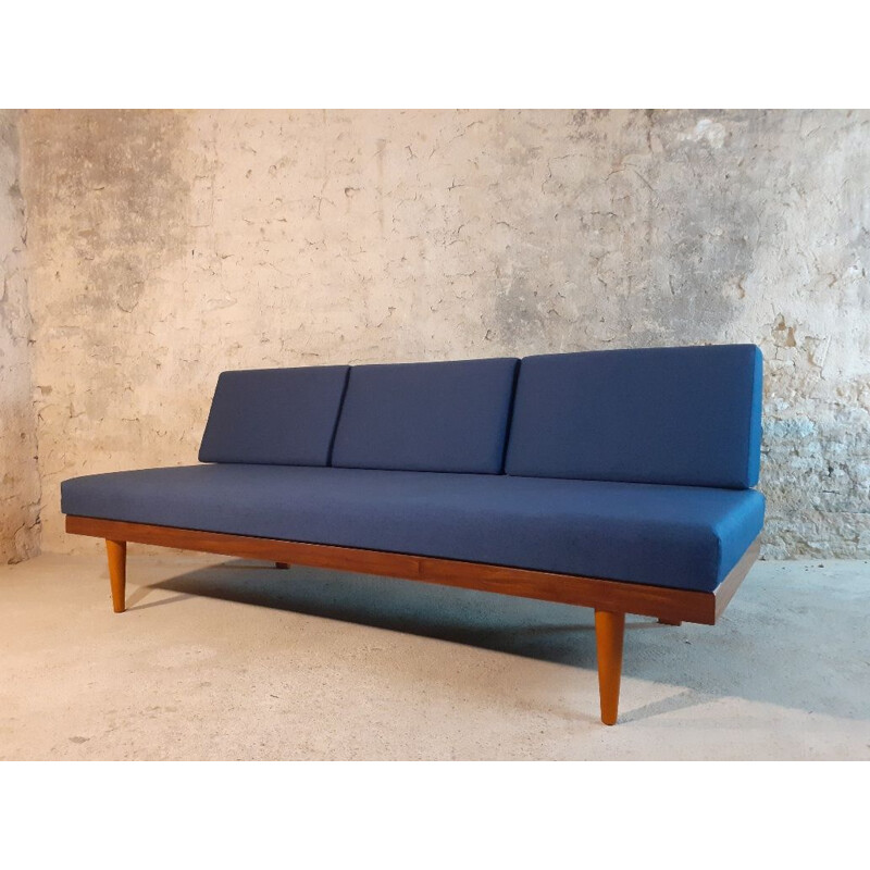 Vintage teak and blue fabric sofa or bed by Ekornes Norvégien 1960s