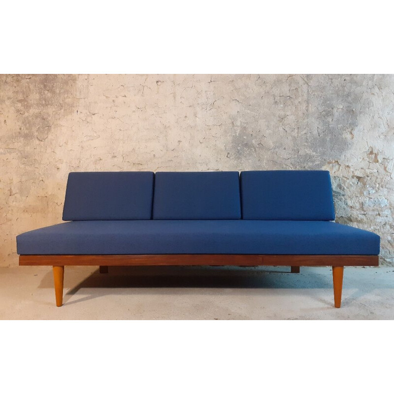 Vintage teak and blue fabric sofa or bed by Ekornes Norvégien 1960s