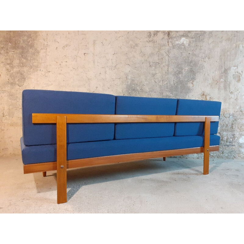 Vintage teak and blue fabric sofa or bed by Ekornes Norvégien 1960s
