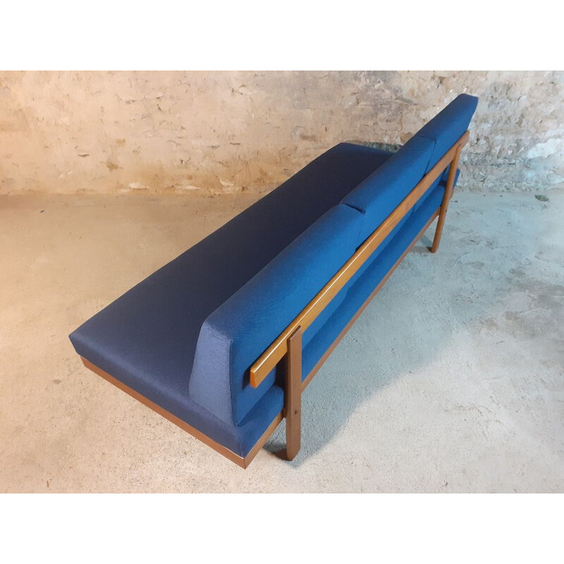 Vintage teak and blue fabric sofa or bed by Ekornes Norvégien 1960s