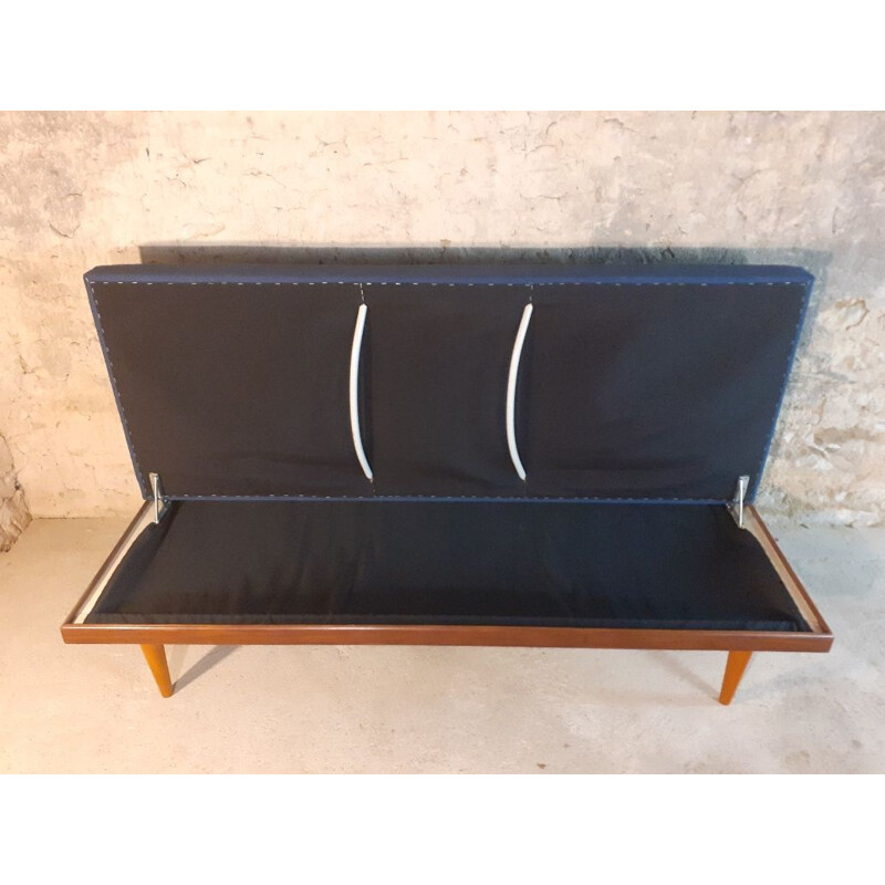 Vintage teak and blue fabric sofa or bed by Ekornes Norvégien 1960s