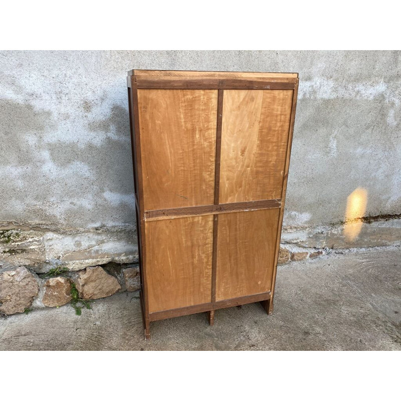 Meuble de métier vintage pour ranger des classeurs, double rideaux en chêne 1950