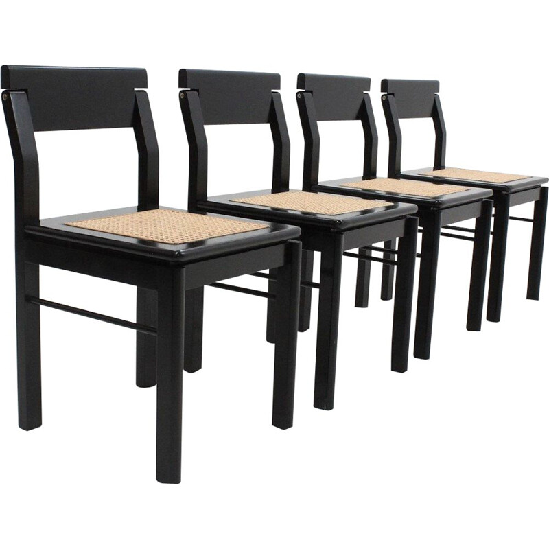 Set of 4 vintage chairs in black lacquered wood and straw from Vienna, Italy 1970