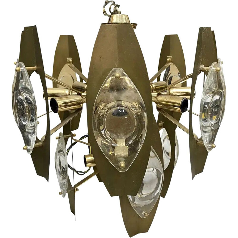 Vintage modern brass and glass chandelier 1960