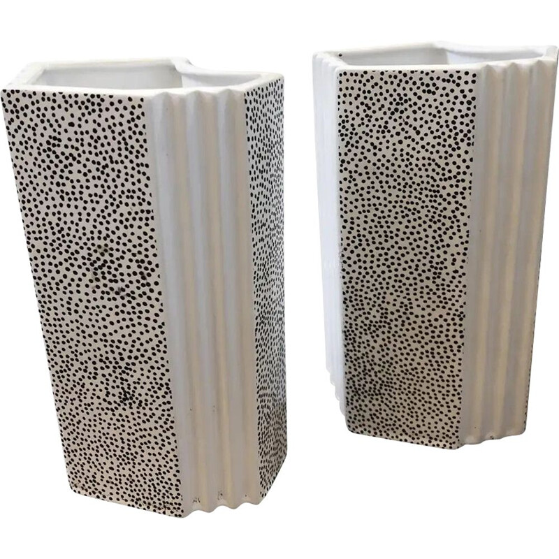 Pair of vintage Memphis black and white ceramic vases, Italy 1980