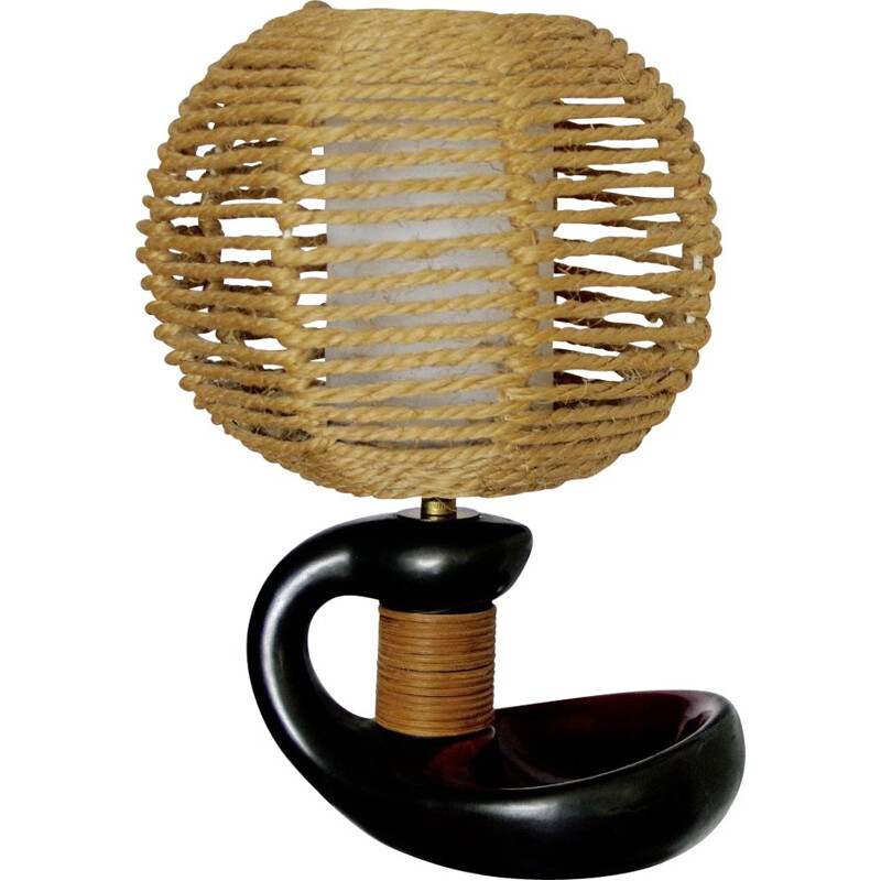 Vintage ceramic and rattan lamp, 1950