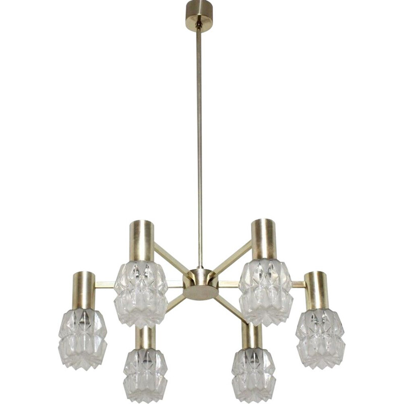 Vintage frosted glass chandelier Kaiser Leuchten, Germany 1960