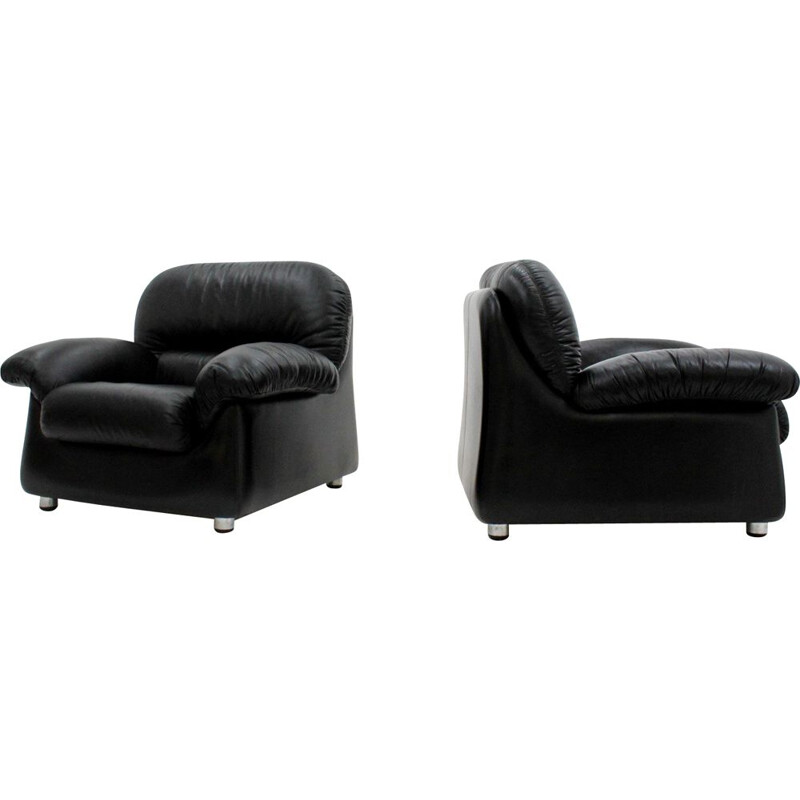 Pair of vintage black leather armchairs, 1970