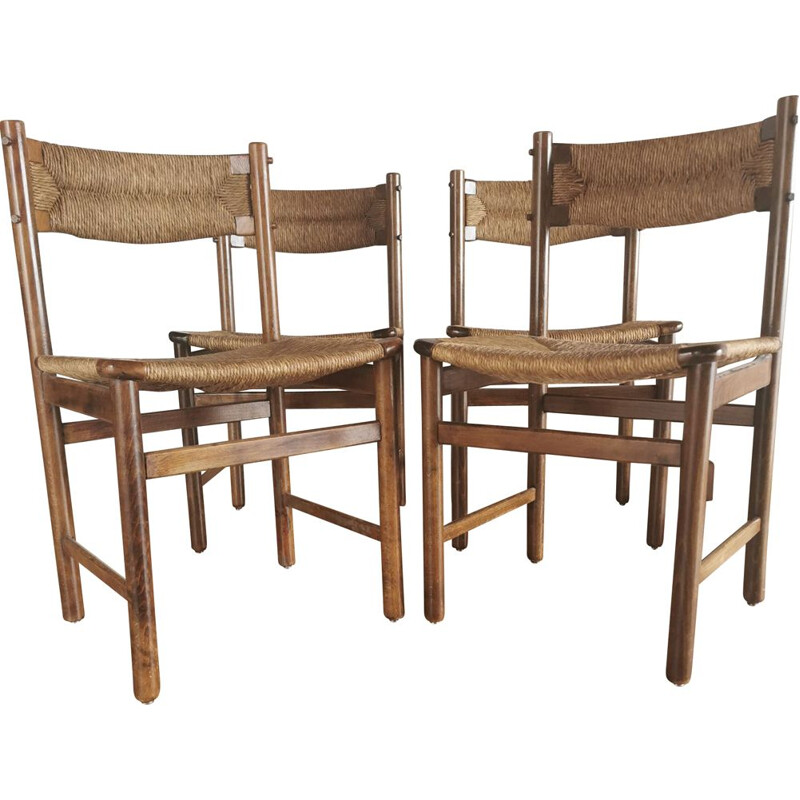 Set of 4 vintage ash and straw chairs 1950's