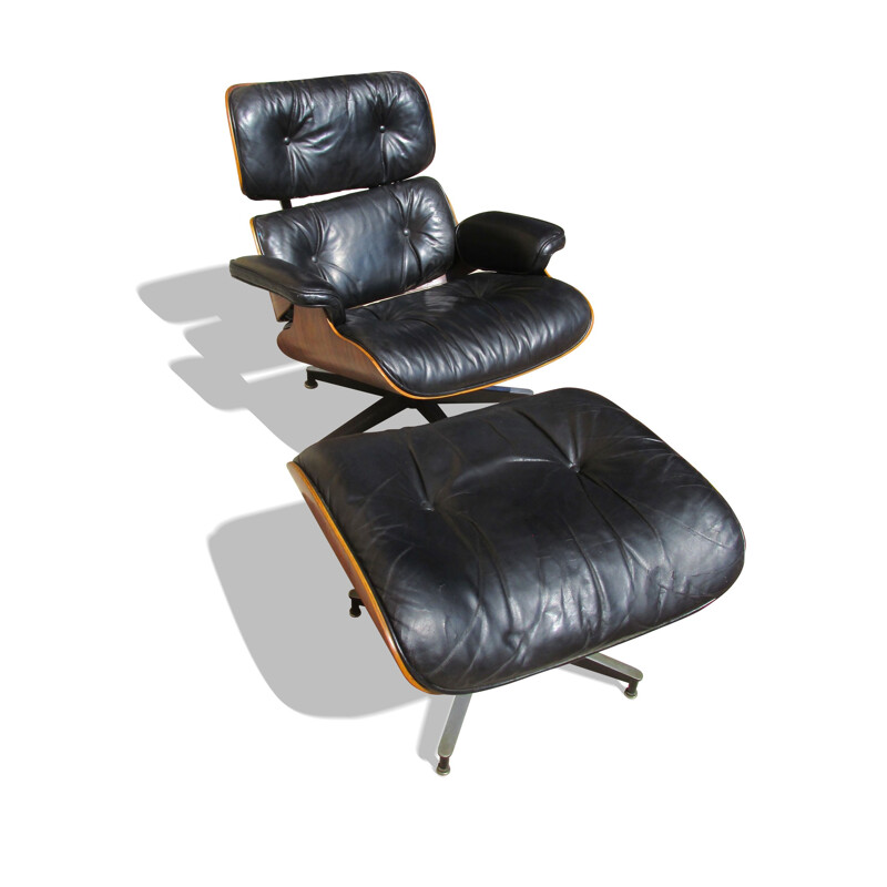 Herman Miller "Lounge Chair 670 - 671"  with its ottoman in rosewood and leather, Charles EAMES  - 1980s