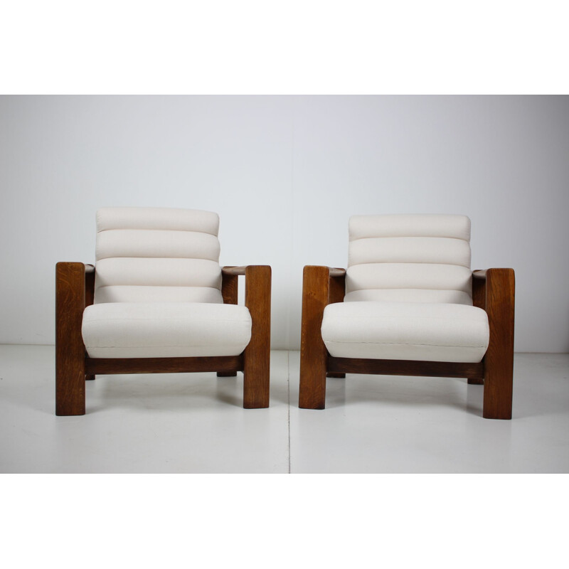 Pair of Mid-century Oak Armchairs Italian 1970s