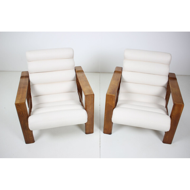 Pair of Mid-century Oak Armchairs Italian 1970s