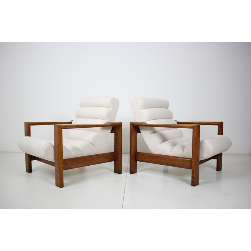 Pair of Mid-century Oak Armchairs Italian 1970s