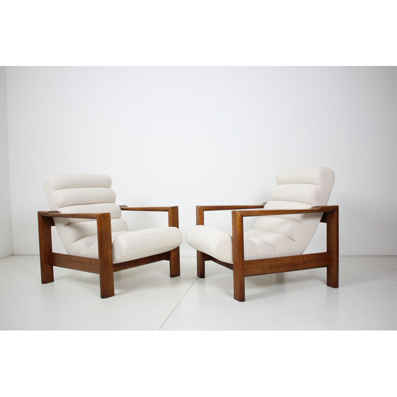 Pair of Mid-century Oak Armchairs Italian 1970s