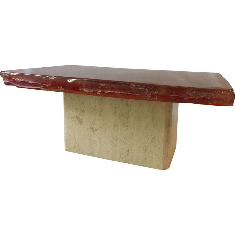 Table basse vintage rouge pied travertin