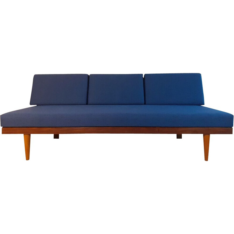 Vintage teak and blue fabric sofa or bed by Ekornes Norvégien 1960s