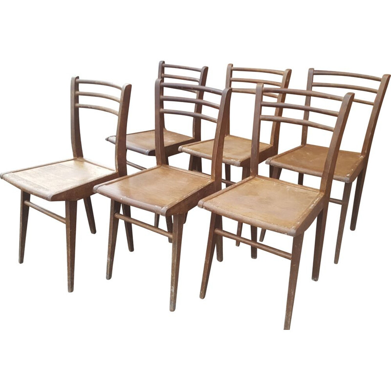 Set of 6 vintage Stella solid beech chairs 1940