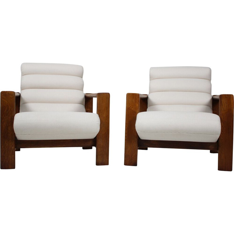 Pair of Mid-century Oak Armchairs Italian 1970s