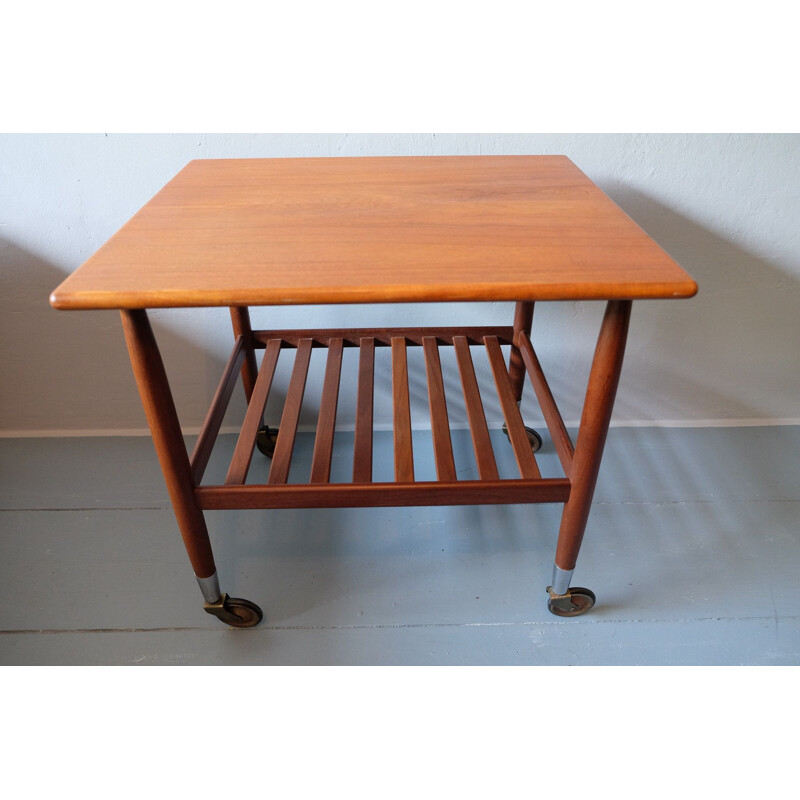 Vintage Serving Trolley with Slatted Shelf in Teak, Brass Wheels Danish 1960s