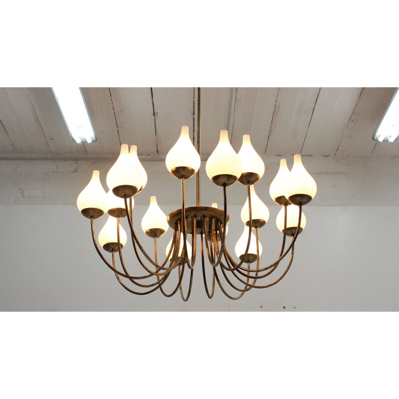 Vintage brass and opaline glass chandelier Italy 1950s
