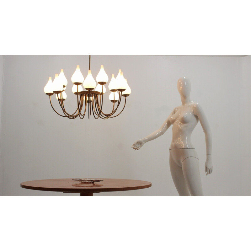 Vintage brass and opaline glass chandelier Italy 1950s