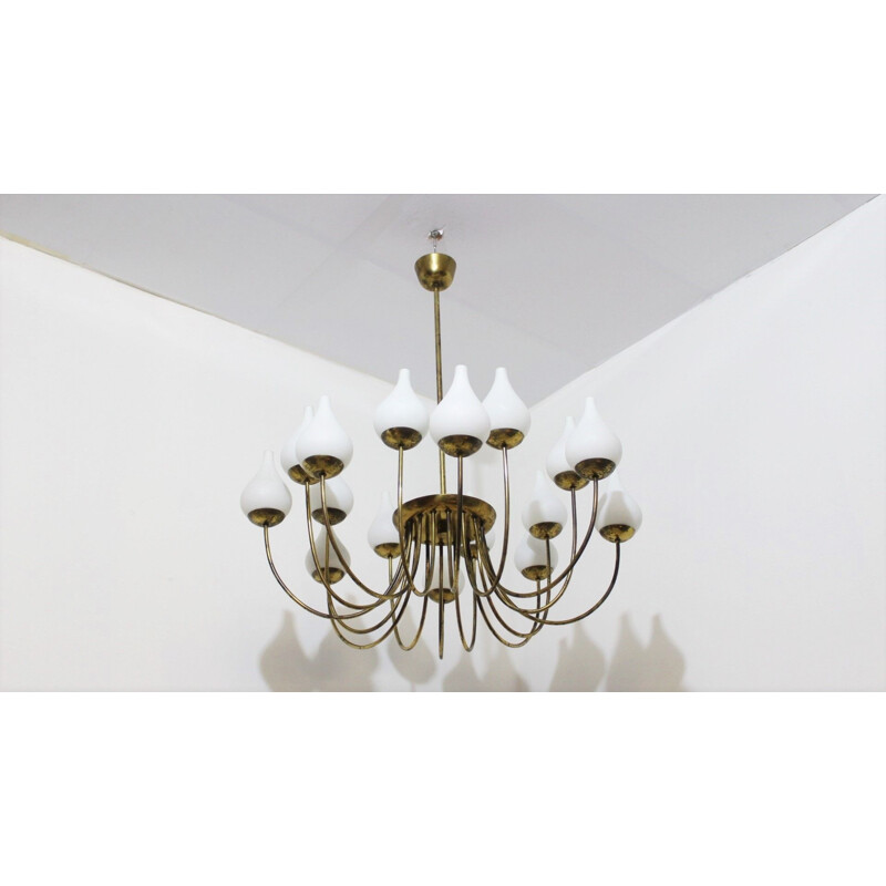 Vintage brass and opaline glass chandelier Italy 1950s