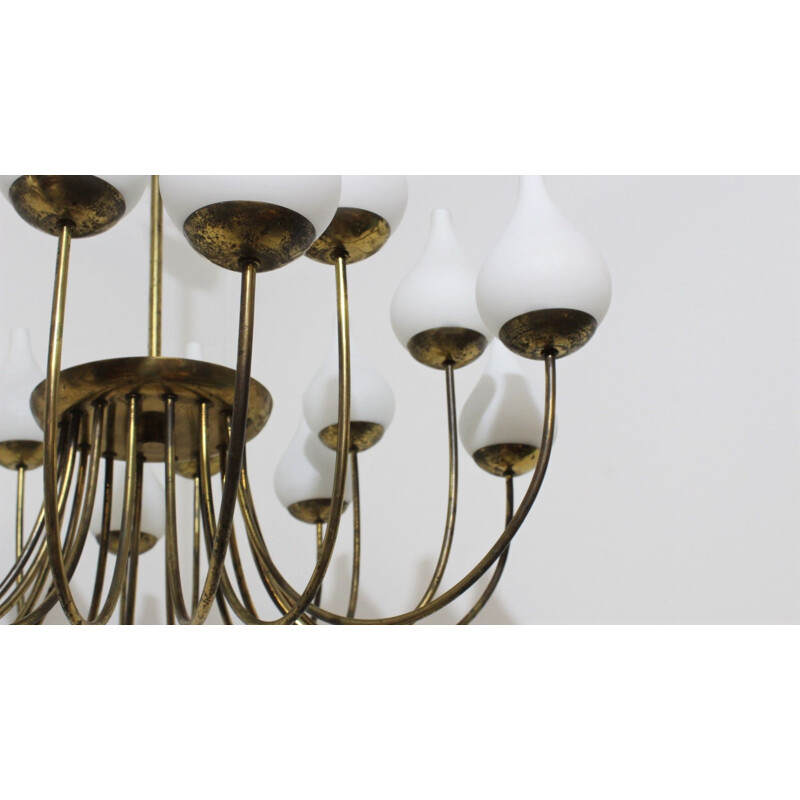 Vintage brass and opaline glass chandelier Italy 1950s