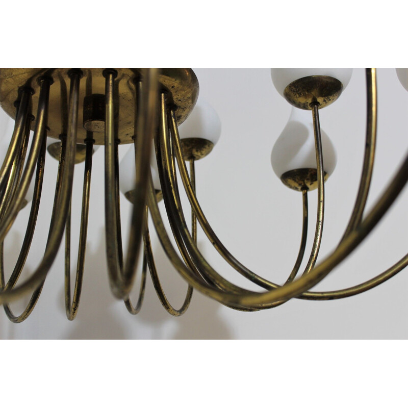 Vintage brass and opaline glass chandelier Italy 1950s