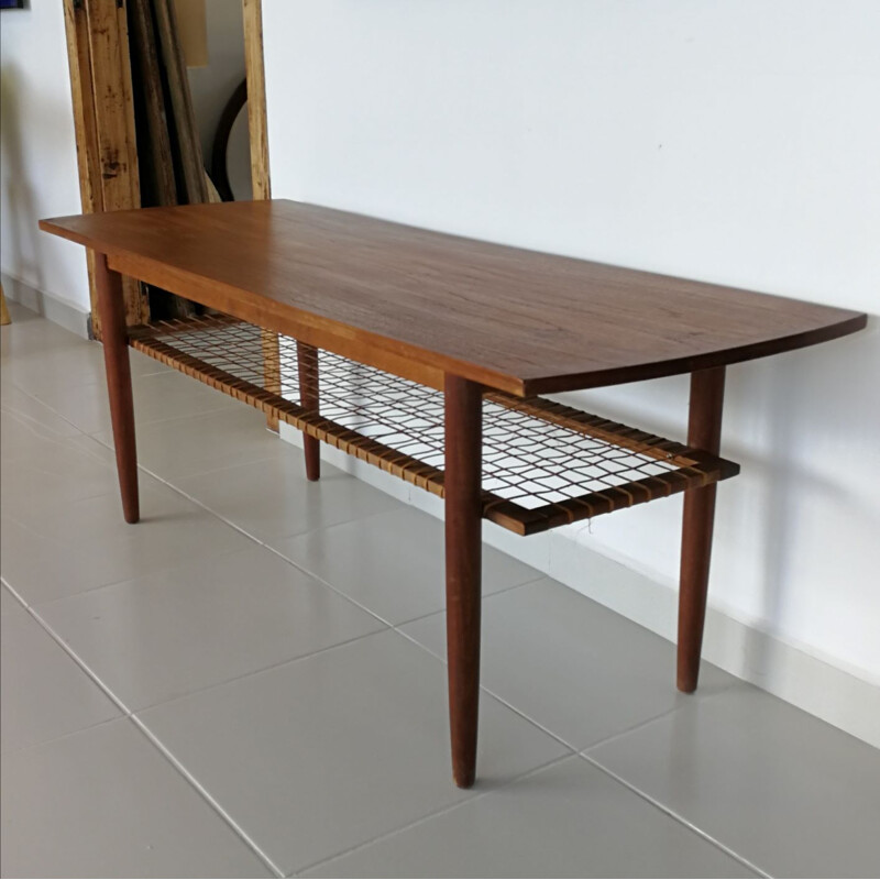 Vintage teak en geweven ratan salontafel