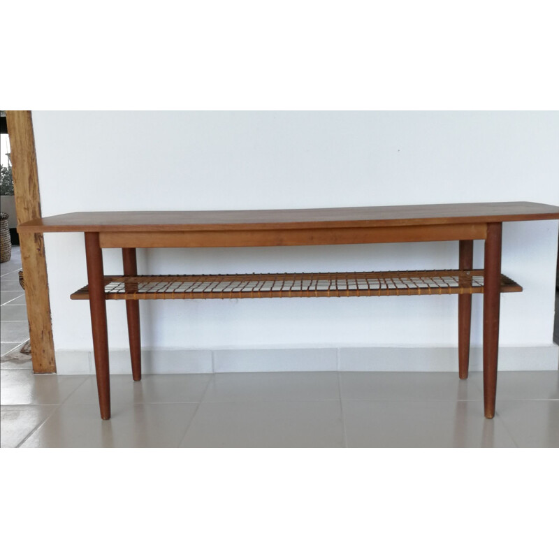 Vintage teak and woven ratan coffee table