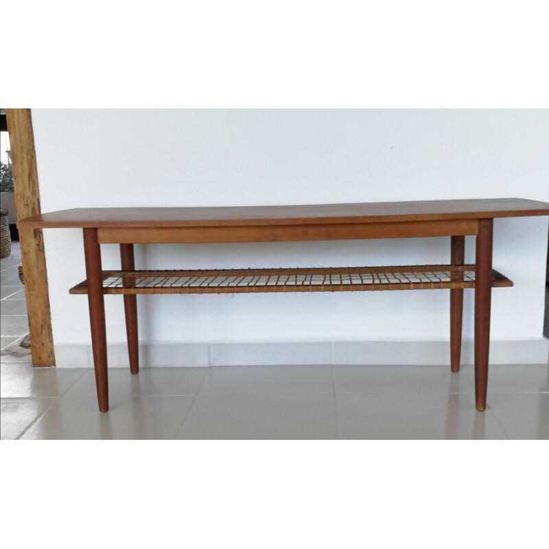 Vintage teak en geweven ratan salontafel