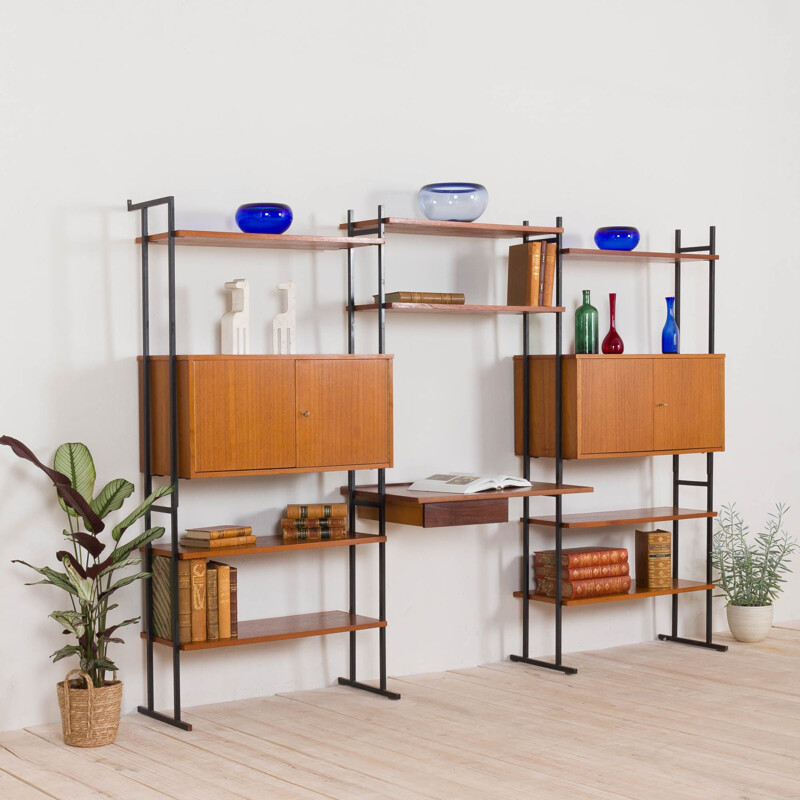 Vintage Free standing teak wall unit with a desk and 2 cabinets Denmark 1970s