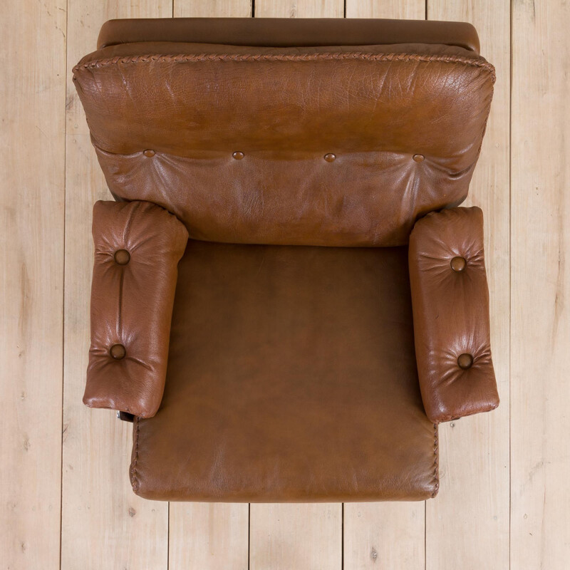 Pair of vintage brown buffalo leather swivel lounge chairs by Aalborg Polstermøbelfabrik Denmark 1970s