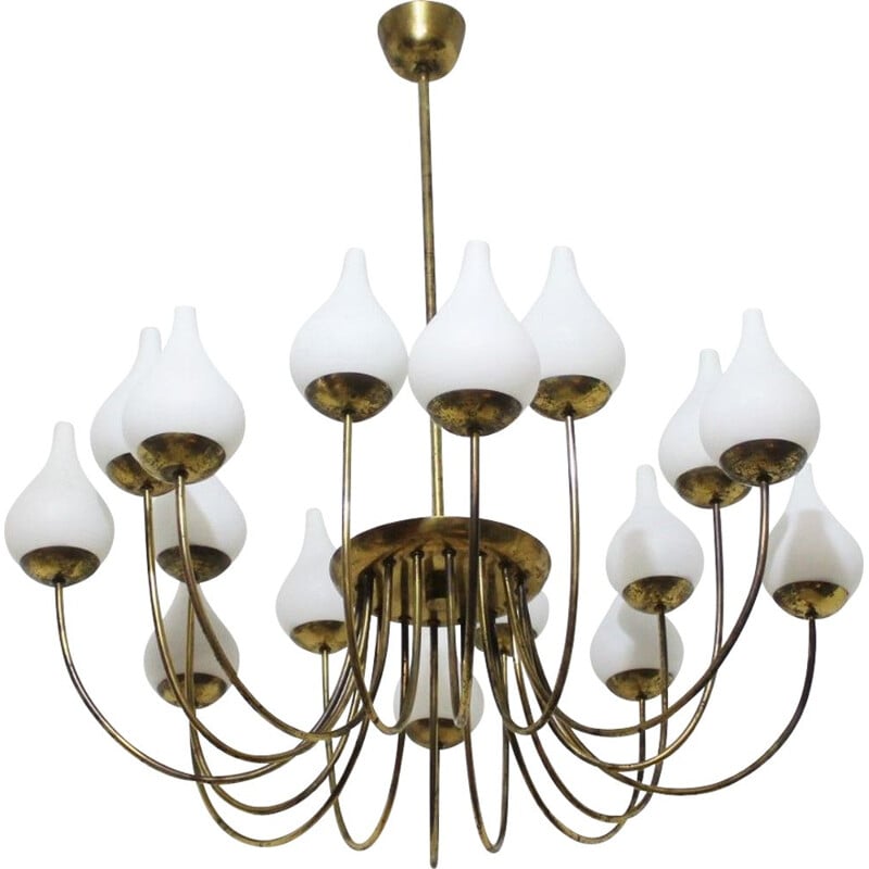 Vintage brass and opaline glass chandelier Italy 1950s