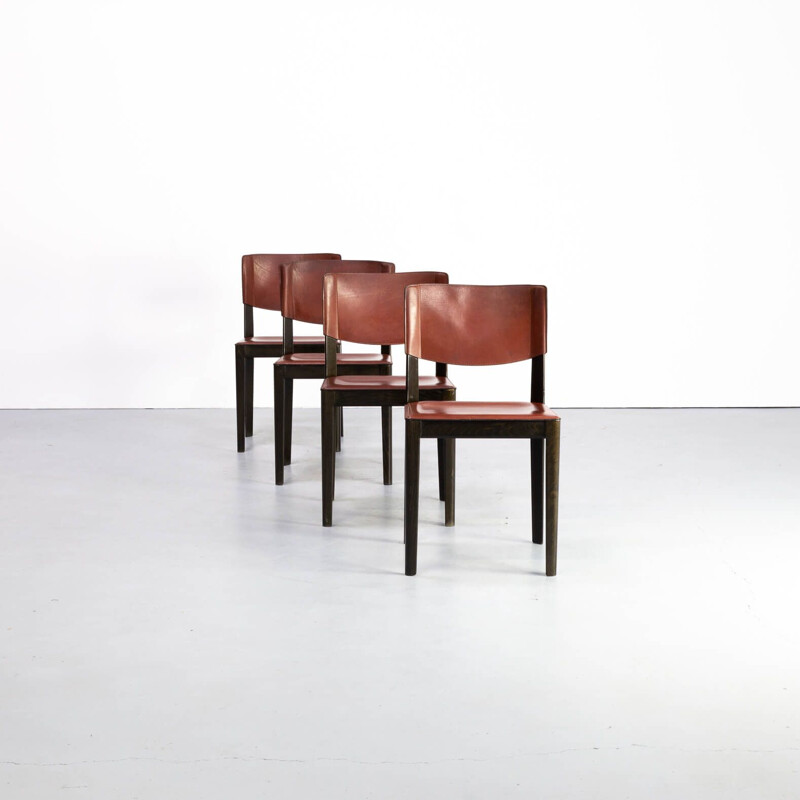 Set of 4 vintage leather and ebonized oak dining chairs for Matteo Grassi 1960s