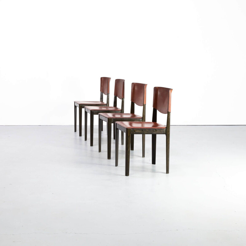 Set of 4 vintage leather and ebonized oak dining chairs for Matteo Grassi 1960s