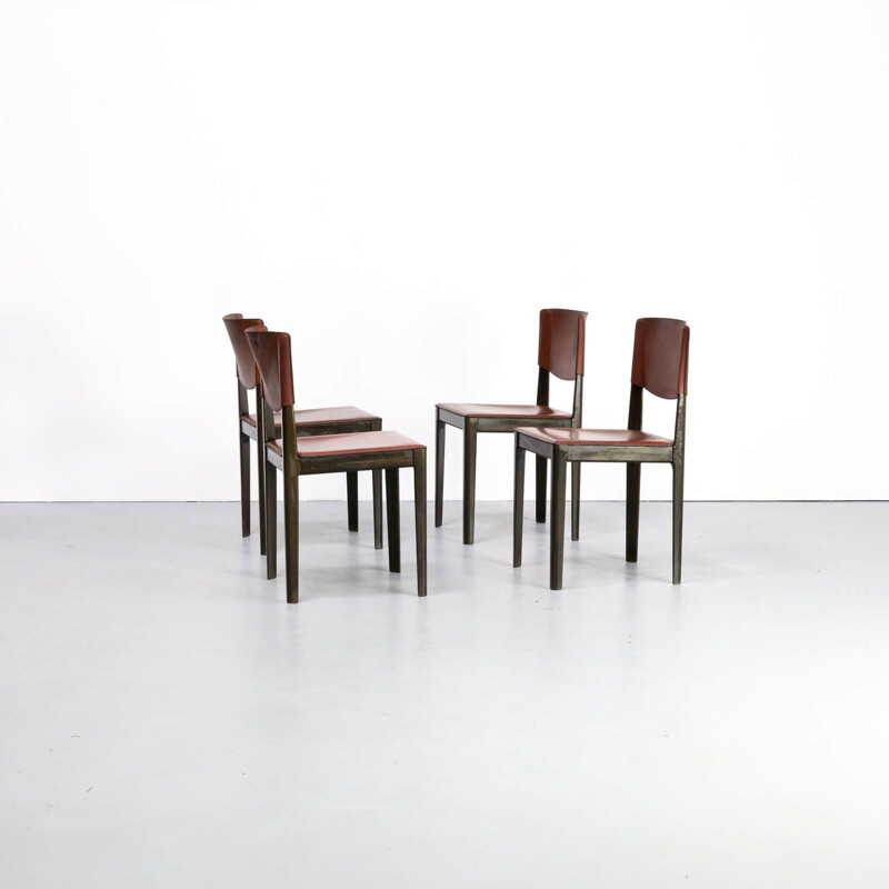 Lot de 4 chaises vintage en cuir et chêne ébonisé pour Matteo Grassi 1960