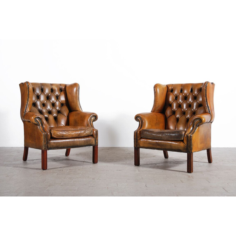 Pair of vintage armchairs with leather ears 1950s