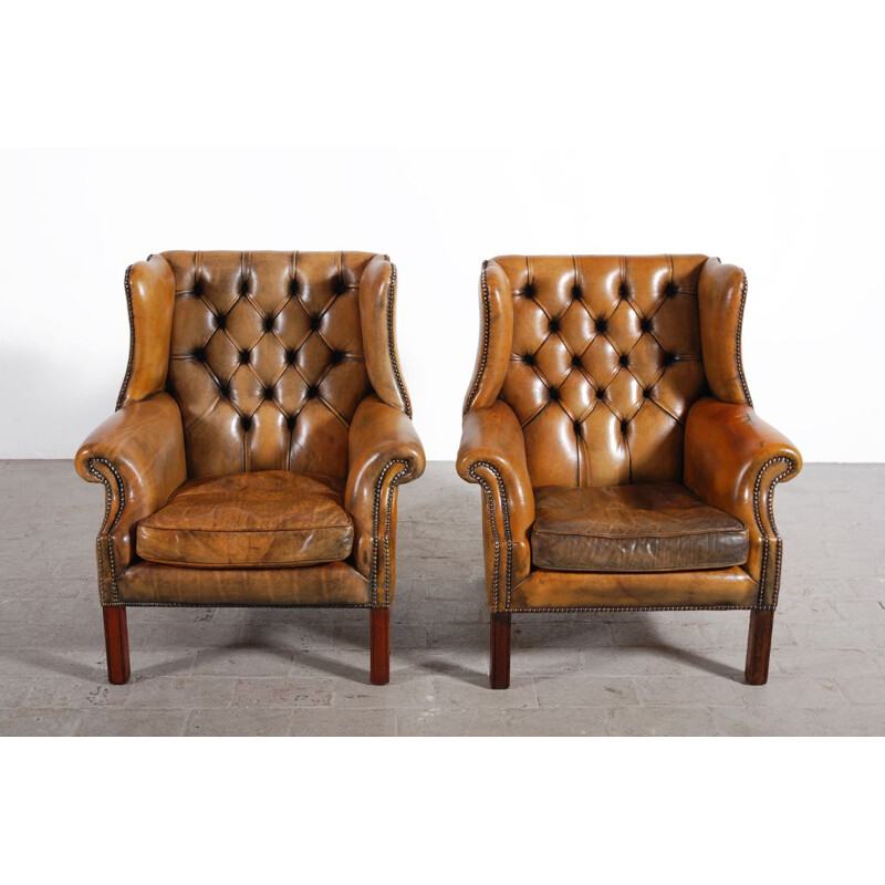 Pair of vintage armchairs with leather ears 1950s