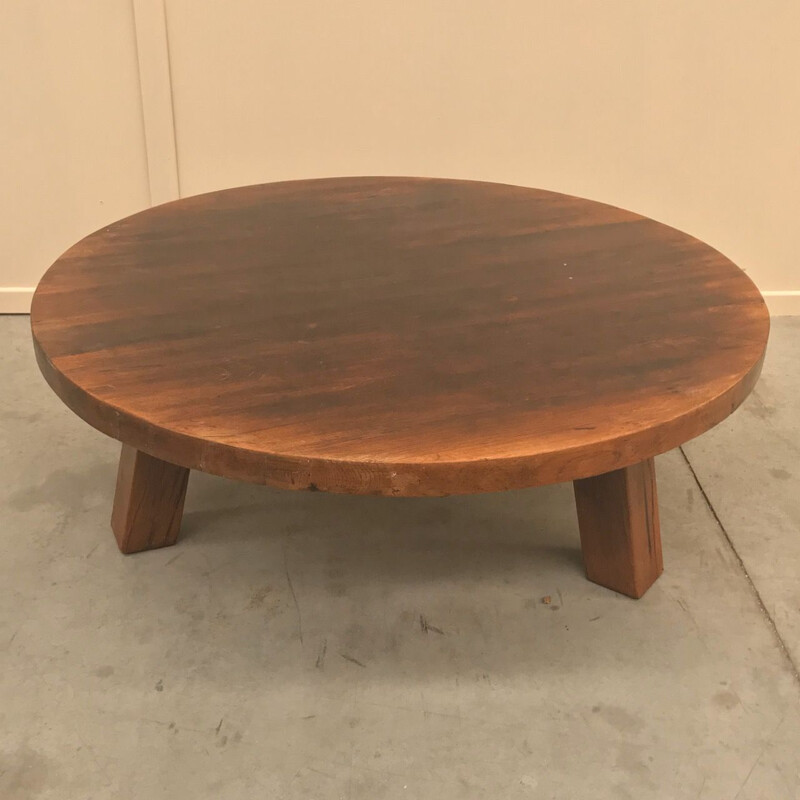 Table basse vintage ronde en chêne rustique