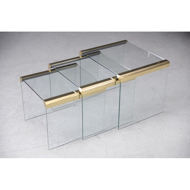 Set of 3 vintage Glamour Glass and Brass Waterfall Side Table by Leon Rosen for Pace Collection 1970s