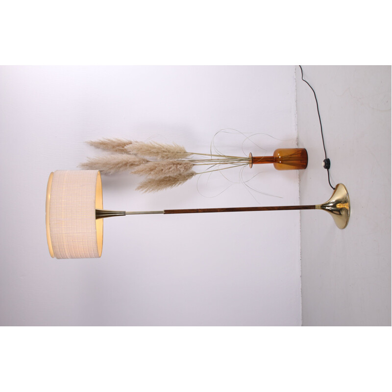 Vintage rosewood floor lamp with brass base and fabric shade