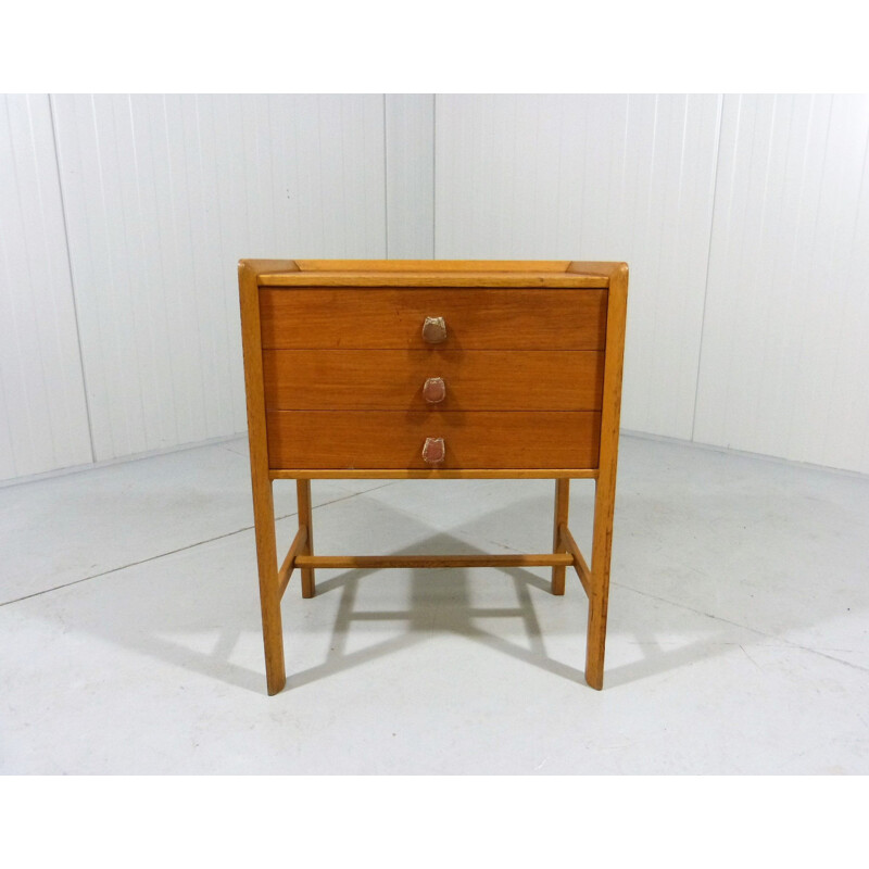 Vintage Teak side table with drawers and leather handles 1960s