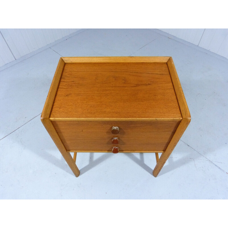Vintage Teak side table with drawers and leather handles 1960s