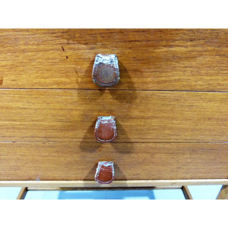 Vintage Teak side table with drawers and leather handles 1960s