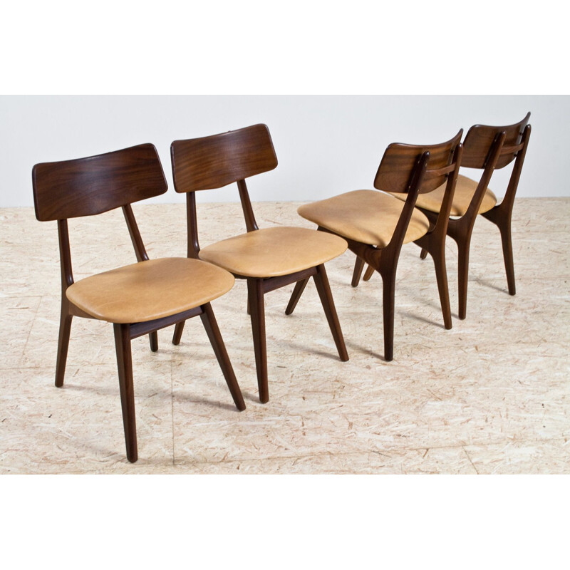 Set of 4 vintage chairs in teak and leather by Louis van Teeffelen 1950s